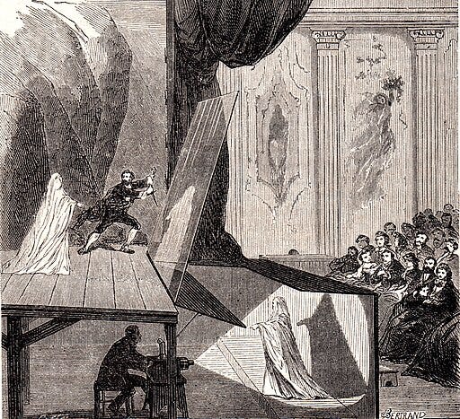 Drawing depicting Pepper’s Ghost illusion as drawn by Bertrand appox. 1865 (image in public domain).