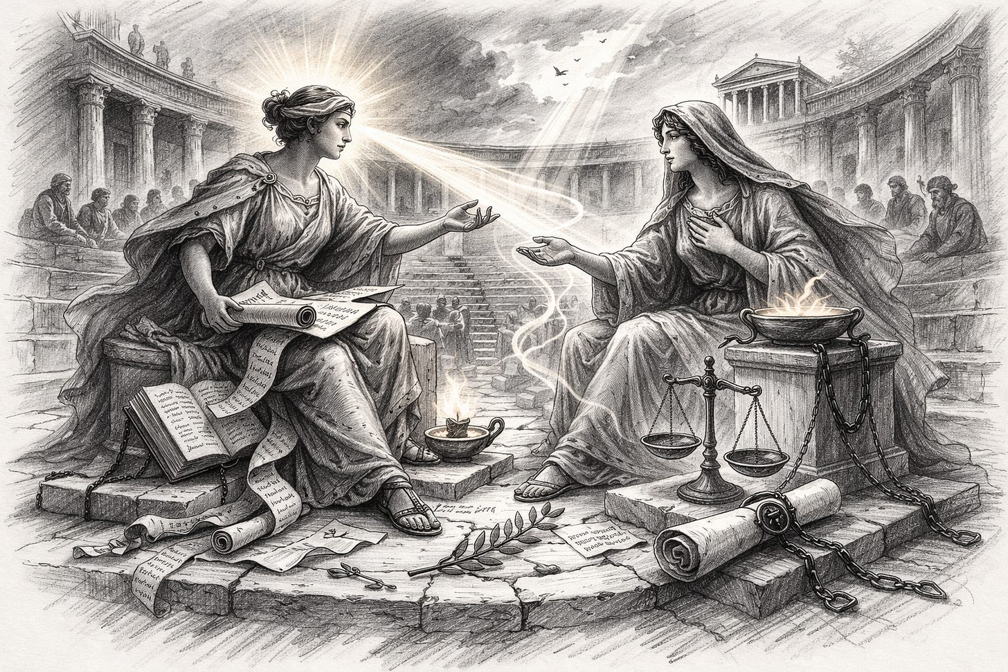 prompt for ChatGPT : “I like to create a serious or conceptual pencil sketch on the two greek goddesses Truth and Trust in ‘action’ of conversing or discussion like style, possibly in the background of a Greek or Roman amphitheatre”