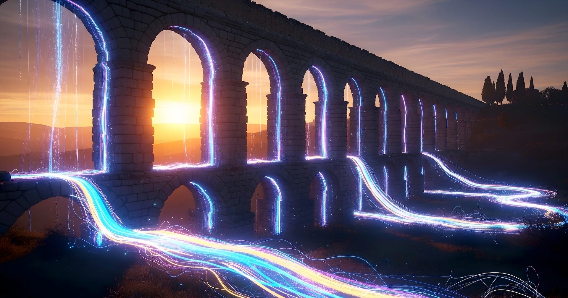 Digital information aqueduct (Image generated with AI. Photo by Adobe Stock.)