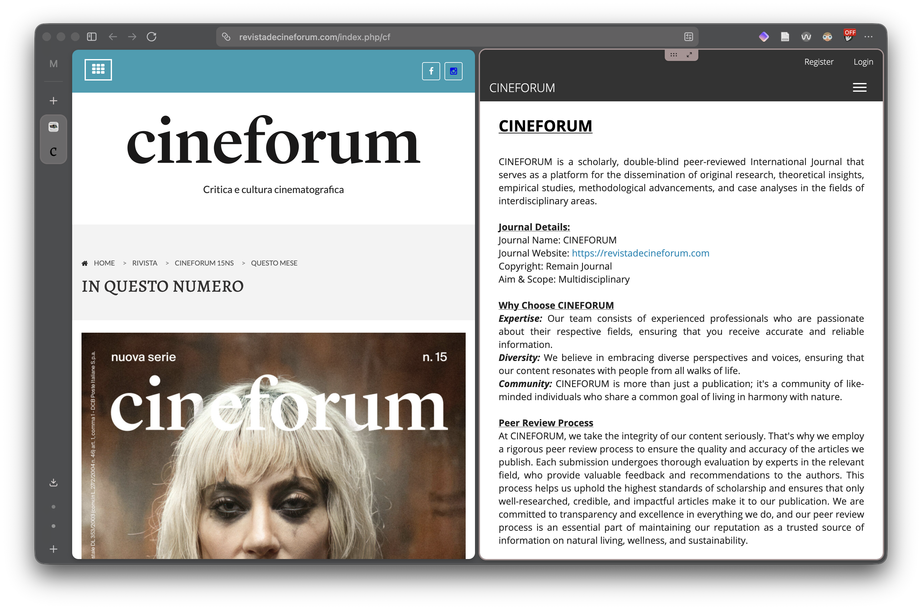Example screenshot of a hijacked journal: the title and ISSN of the legitimate Cineforum (left) were hijacked by the copycat (right).